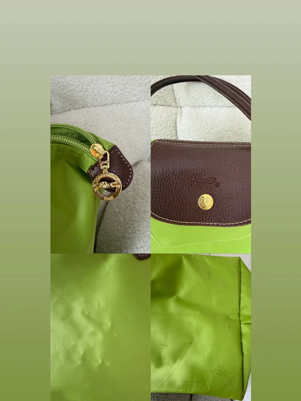 Longchamp Lime Green Nylon Tote with Brown Leather Handles